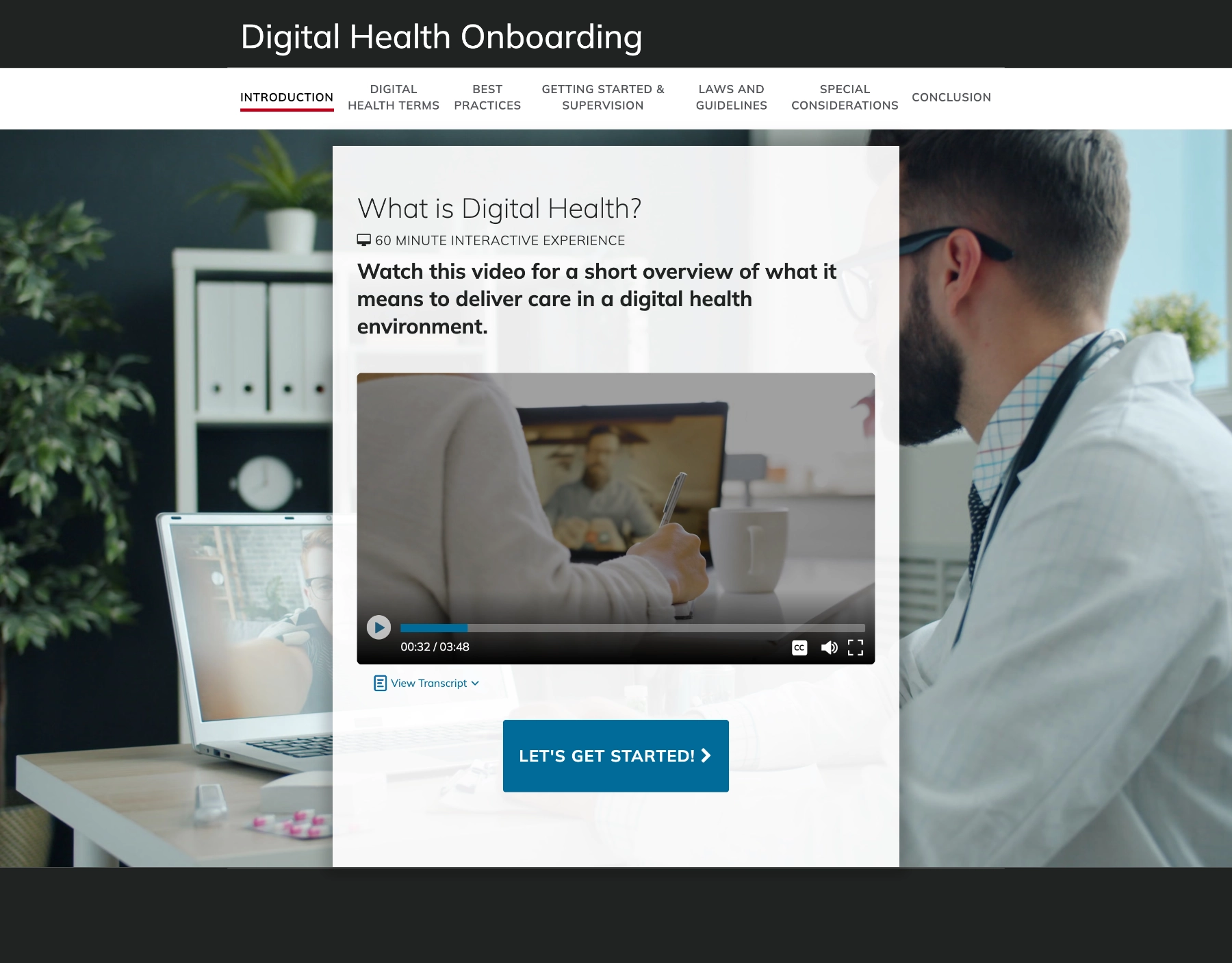 Digital Health Onboarding introduction screen with video overlay.