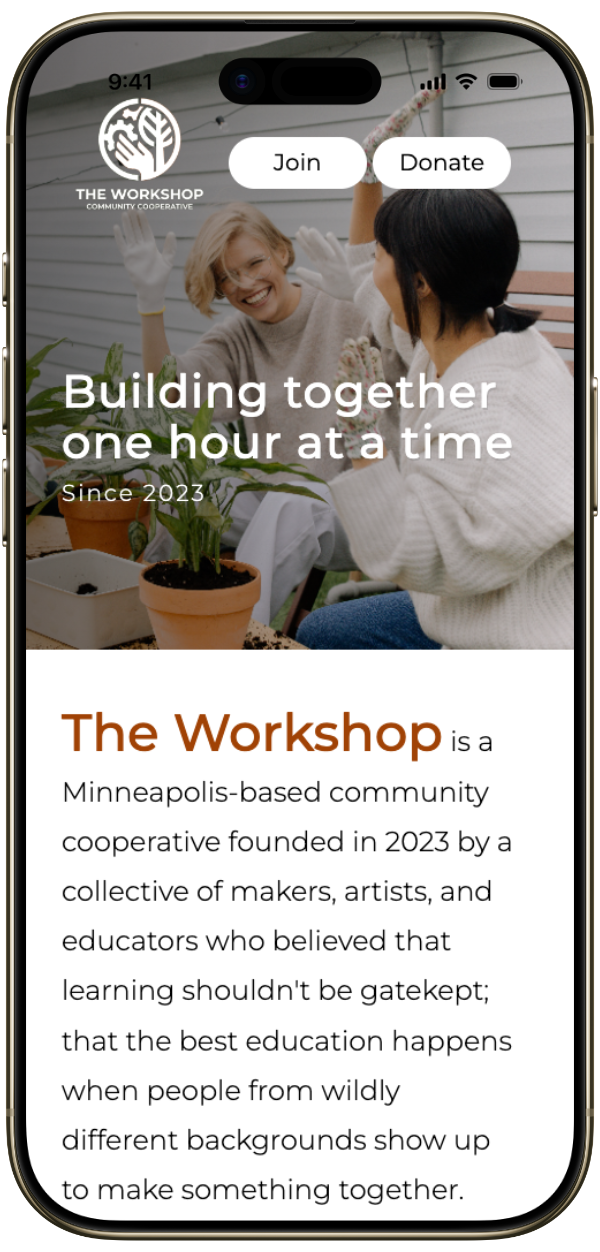 Mobile view of The Workshop website hero.
