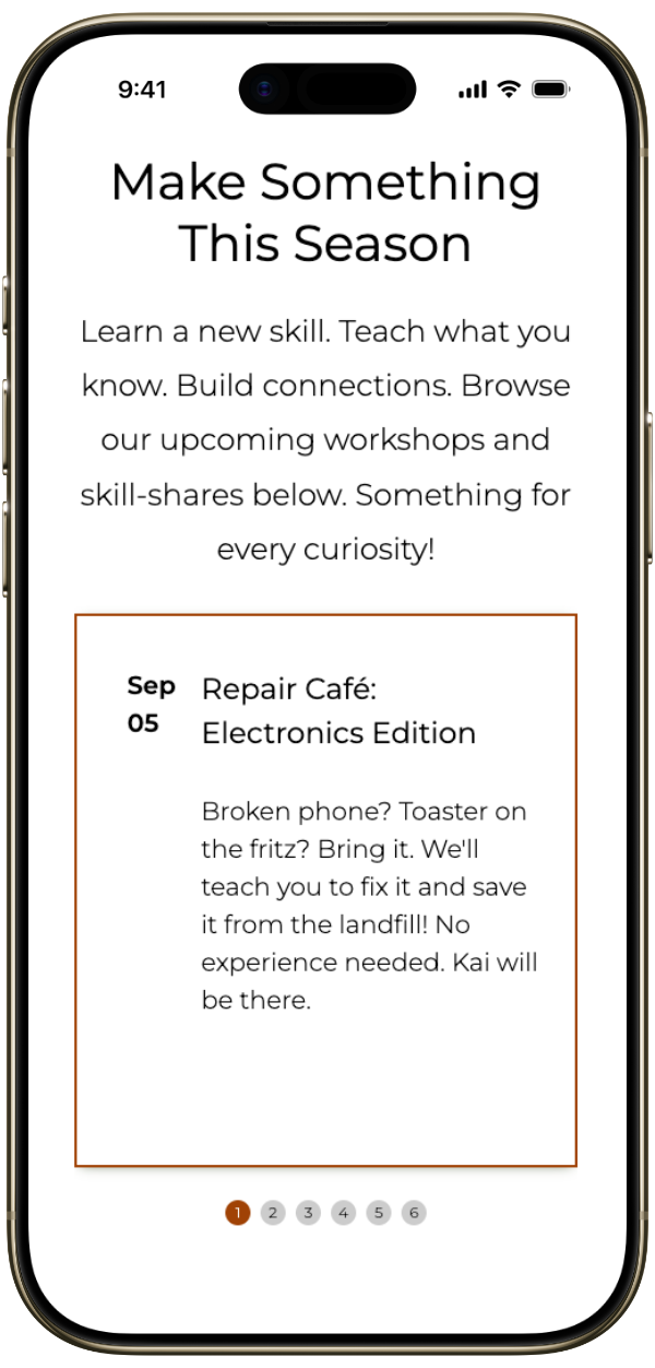 Mobile view of The Workshop website interactive event slider.