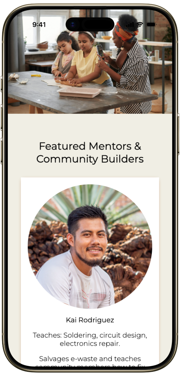 Mobile view of The Workshop website featured member.